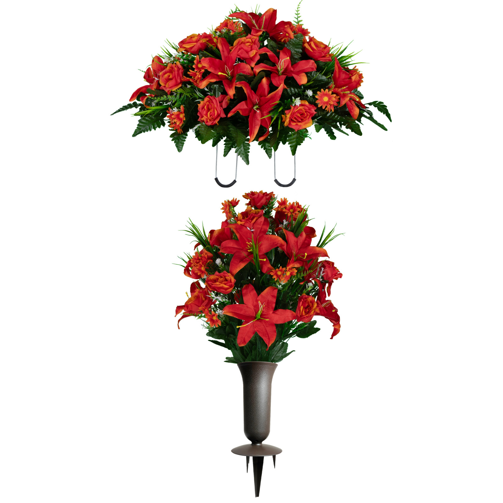Artificial Cemetery Flowers- Fire Red Lily Rose & Daisies Saddle, Bouquet & Vase