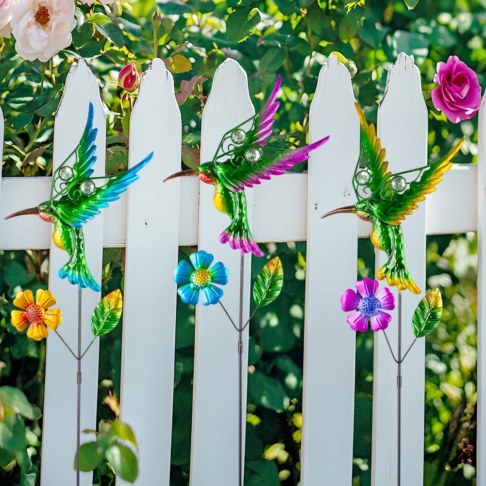 3 Pcs Hummingbird Decorative Garden Stakes with Metal Flower Set Spring Outdo