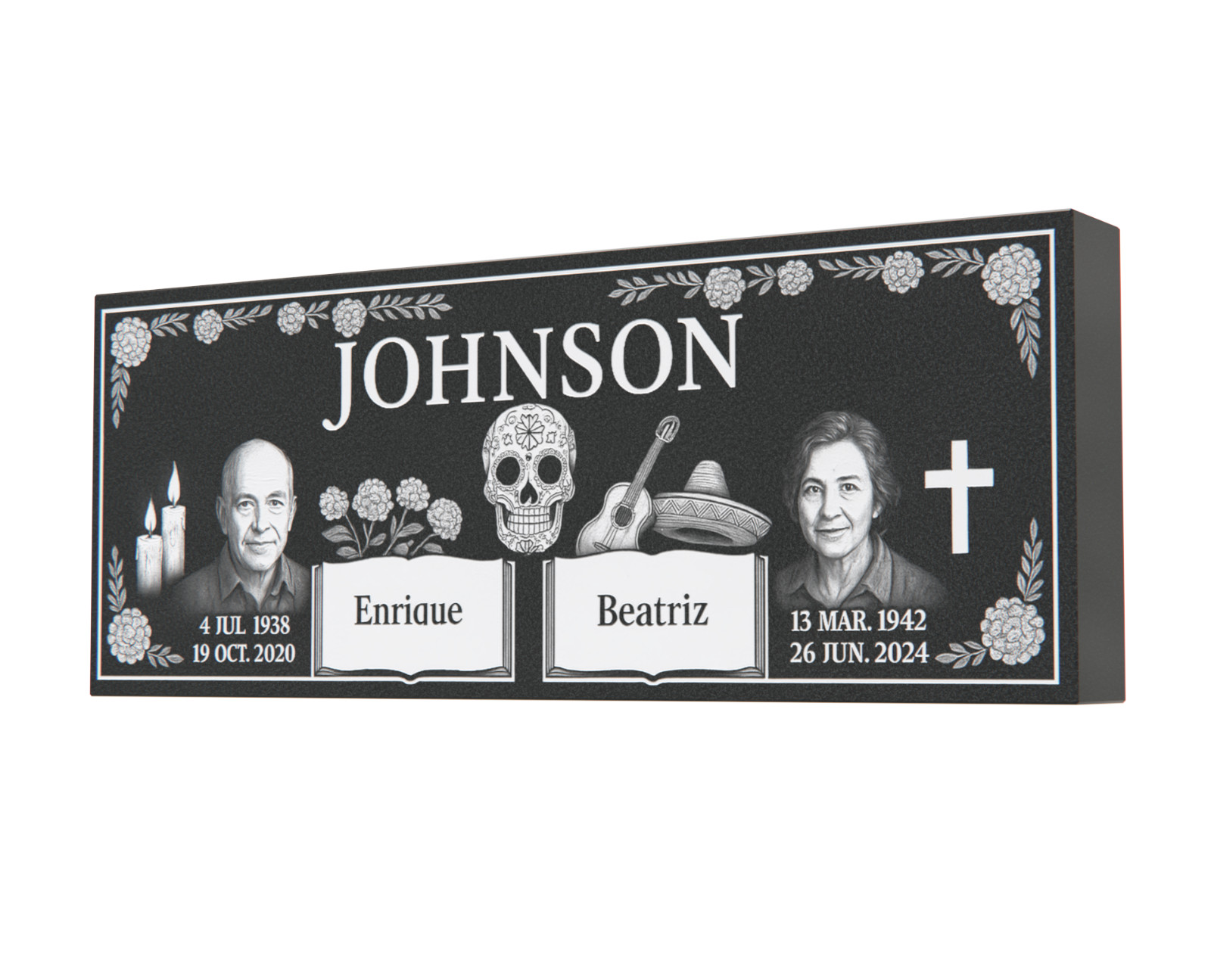 Custom Black Granite Headstone 36x14x4 – Día de los Muertos Companion