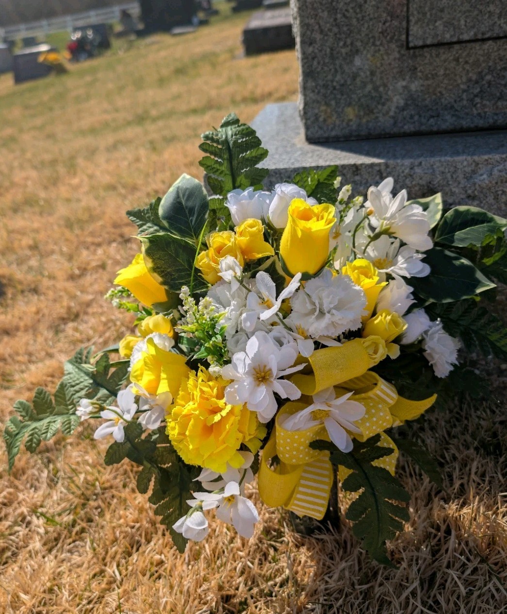 Yellow and White Cemetery Saddle Vase Set, Carnations Headstone Saddle