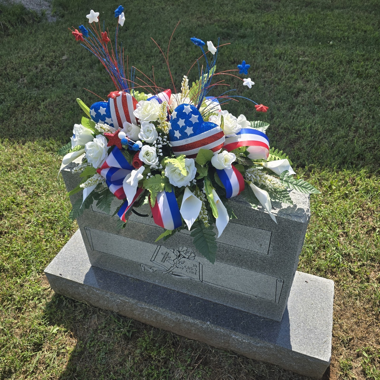Patriotic Cemetery Headstone saddle RWB with Red,white, And Blue HEARTS