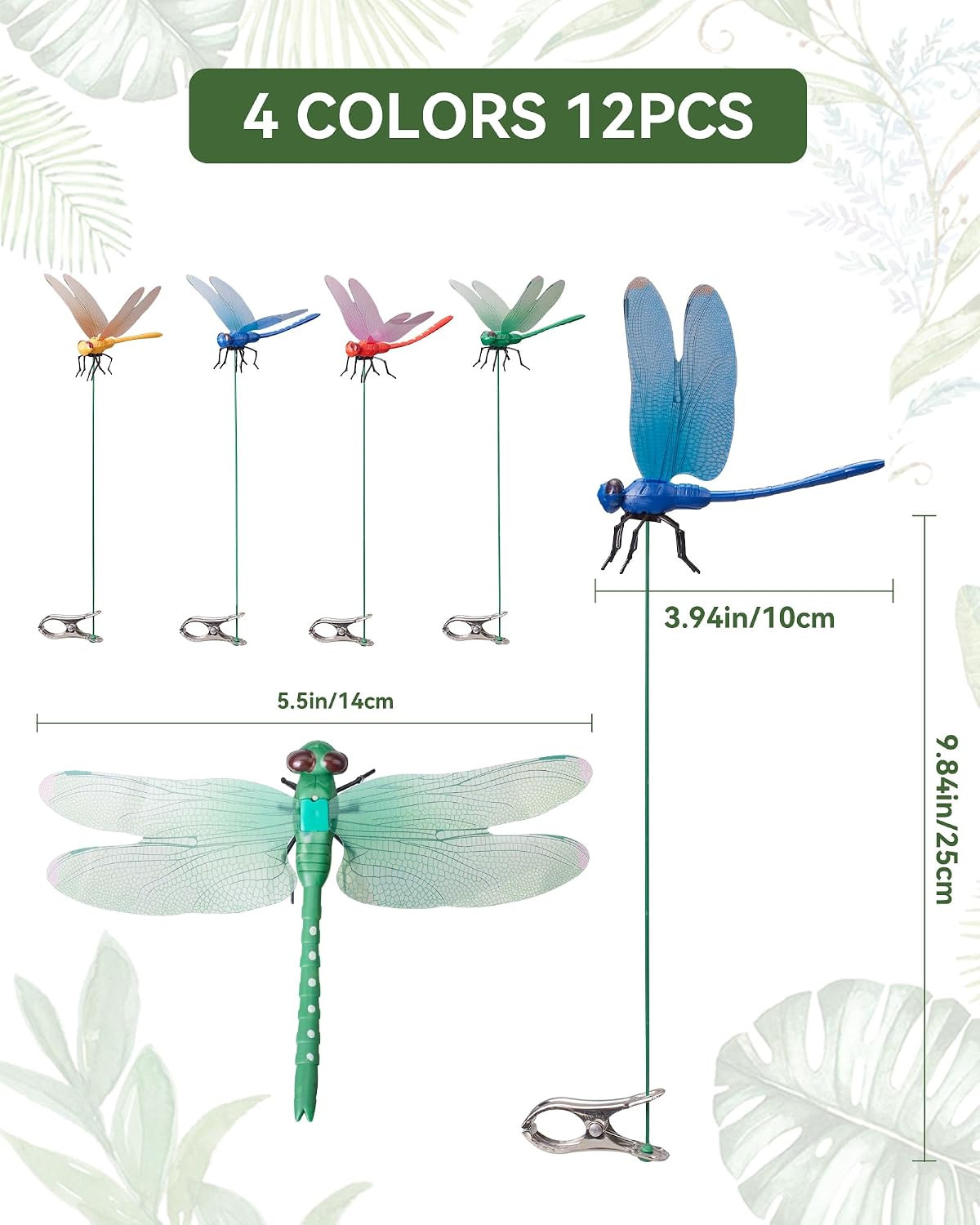 12 Pack Dragonfly Clips for Bugs Repellent, Fake Dragonflies with Stakes, Dragon
