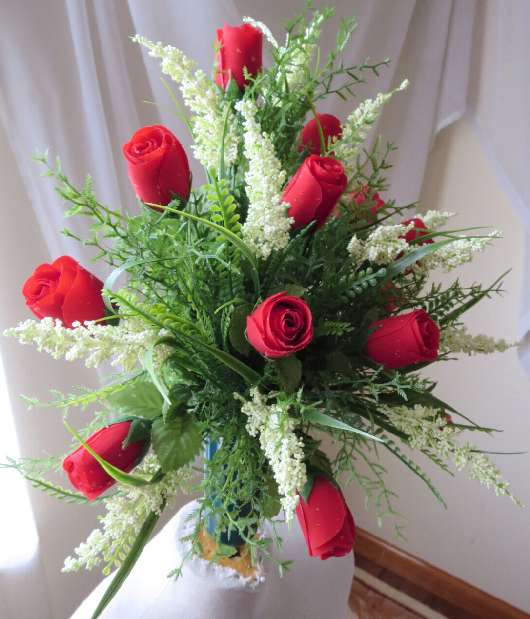 MEMORIAL CEMETERY GREEN VASE ARTIFITIAL FLORAL ARRANGEMENT 18″x 14″ NEW