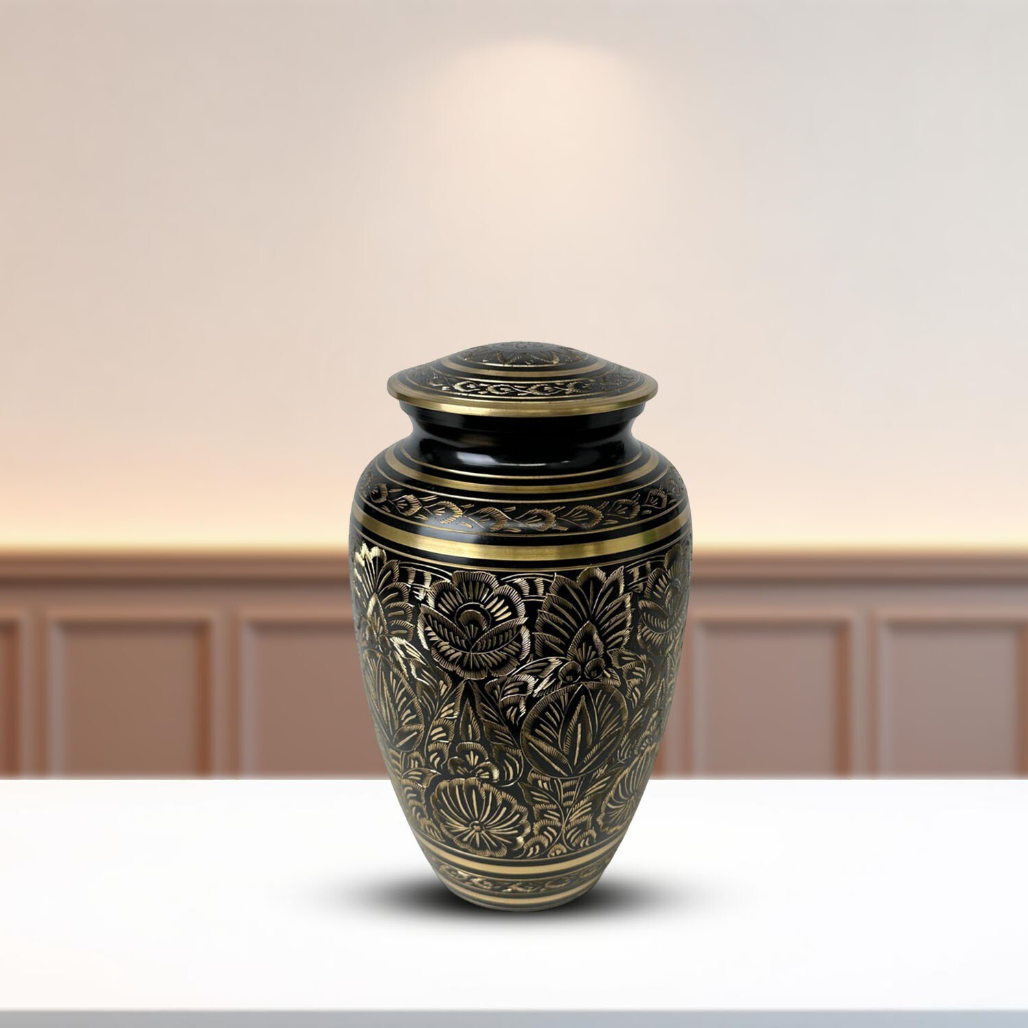Elegant Solid Brass Black Golden Flower Urns Handcrafted Memorial Urn for Ashes