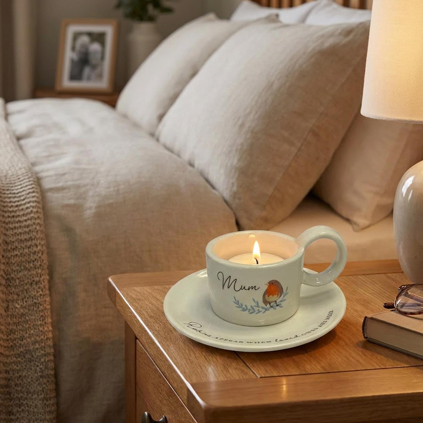 Memorial Tea Light Candle Holder Cup and Saucer Style with Robin Design – Mum