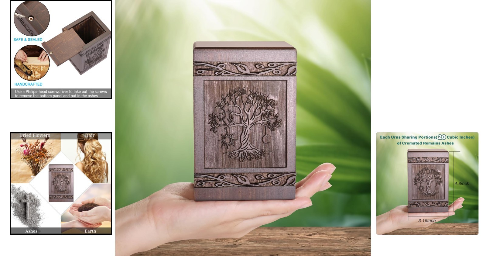 Walnut Wooden Small Keepsake Urn for Human or Pet Ashes, 20 cu in, Retro Style