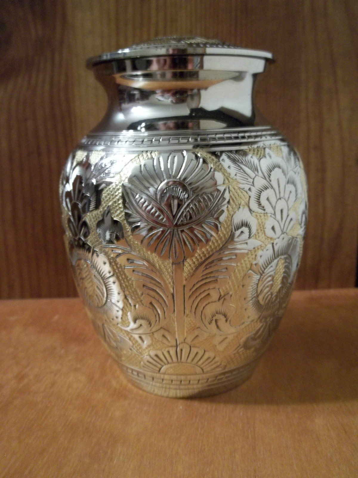 Smaller Gorgeous Silver & Gold Solid Brass Urn~5″~28 lbs.