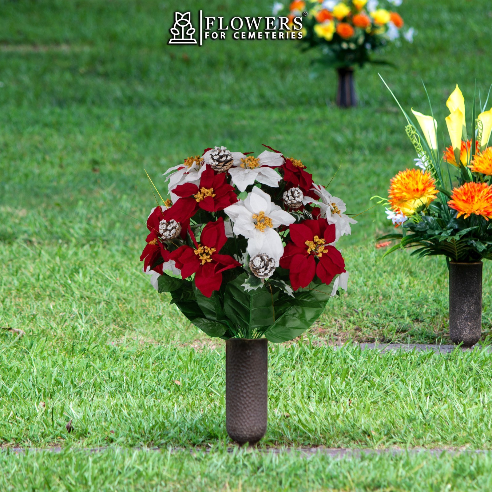 Artificial Flowers for Cemetery – Red and White Poinsettias & Frosted Pinecones