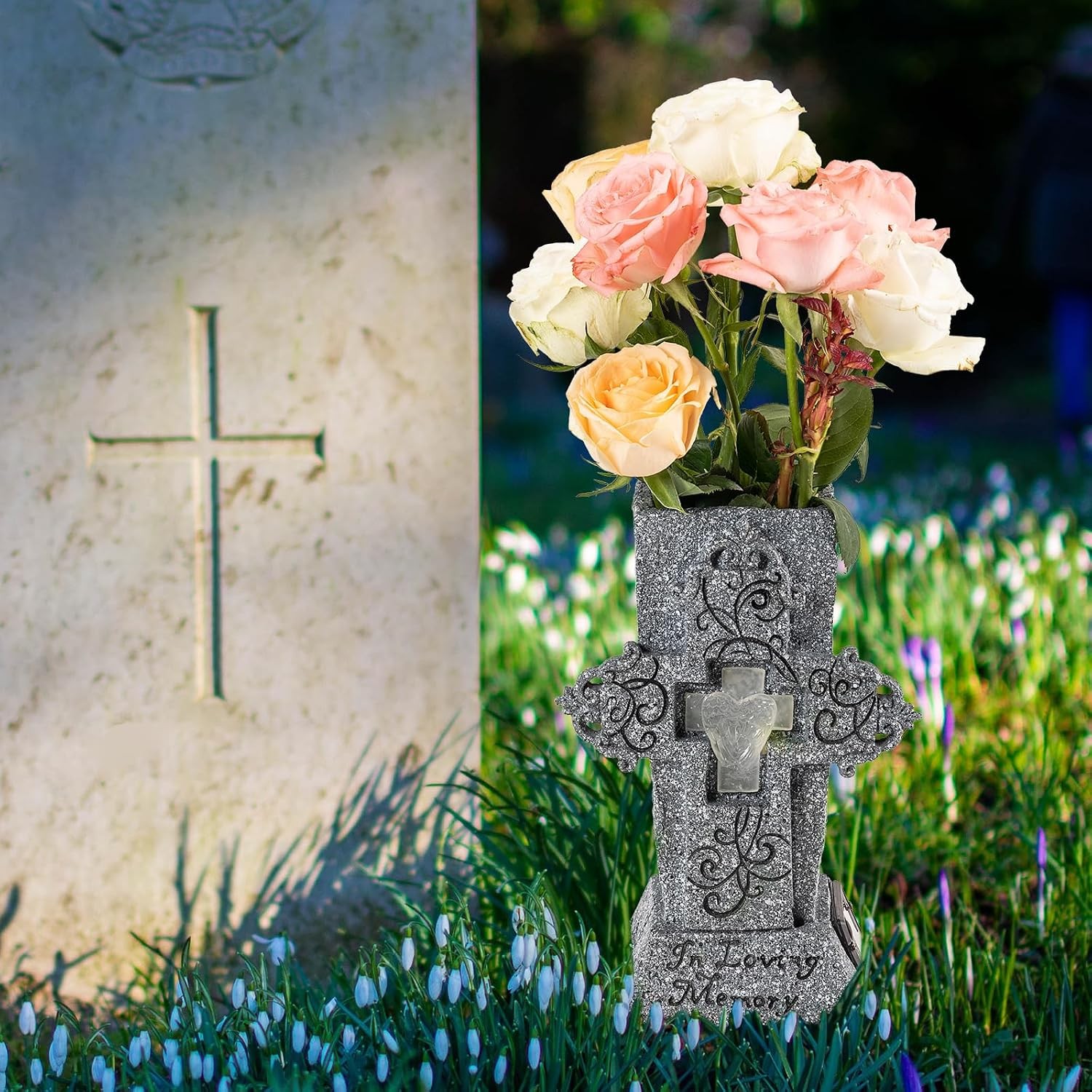 Solar Powered Cemetery Vase with LED for Artificial Flowers Grave Marker Cross