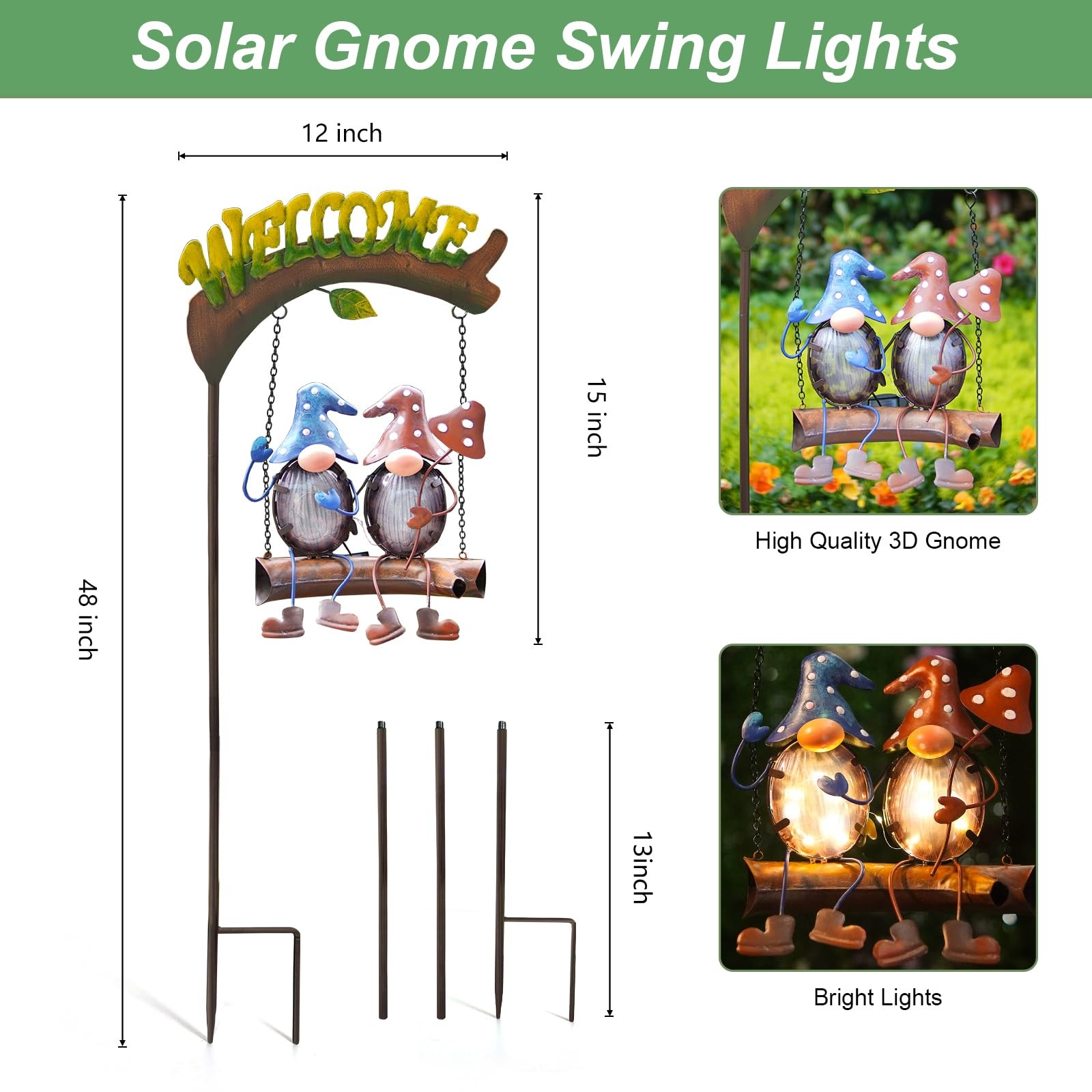 Gnomes Garden Decor Solar Lights, 48 Inch Welcome Sign Swing Yard Decorations…
