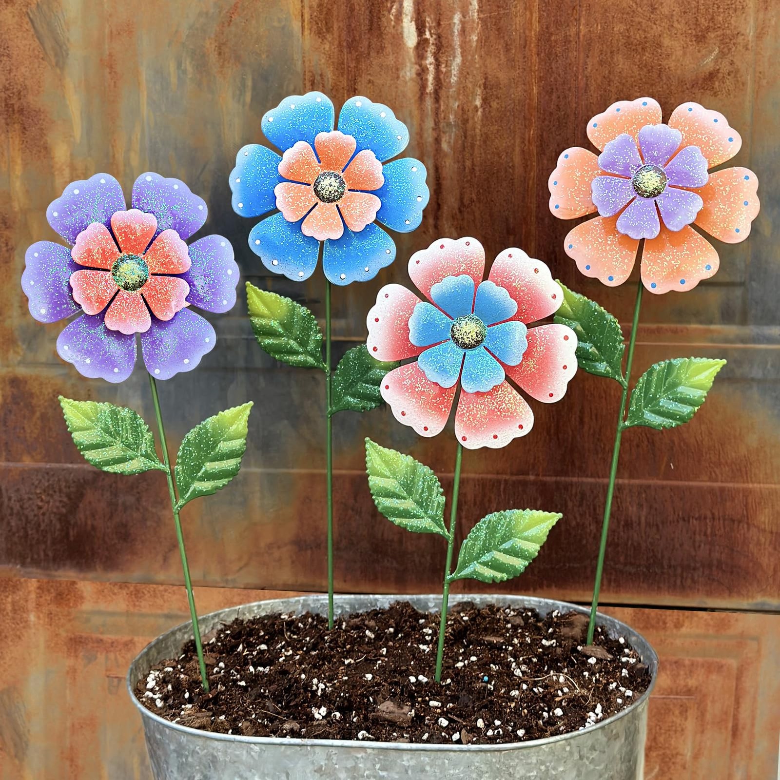 4-Pcs 16.5″ Metal Flower Garden Stakes: Hand-Painted, Weather-Resistant Decor