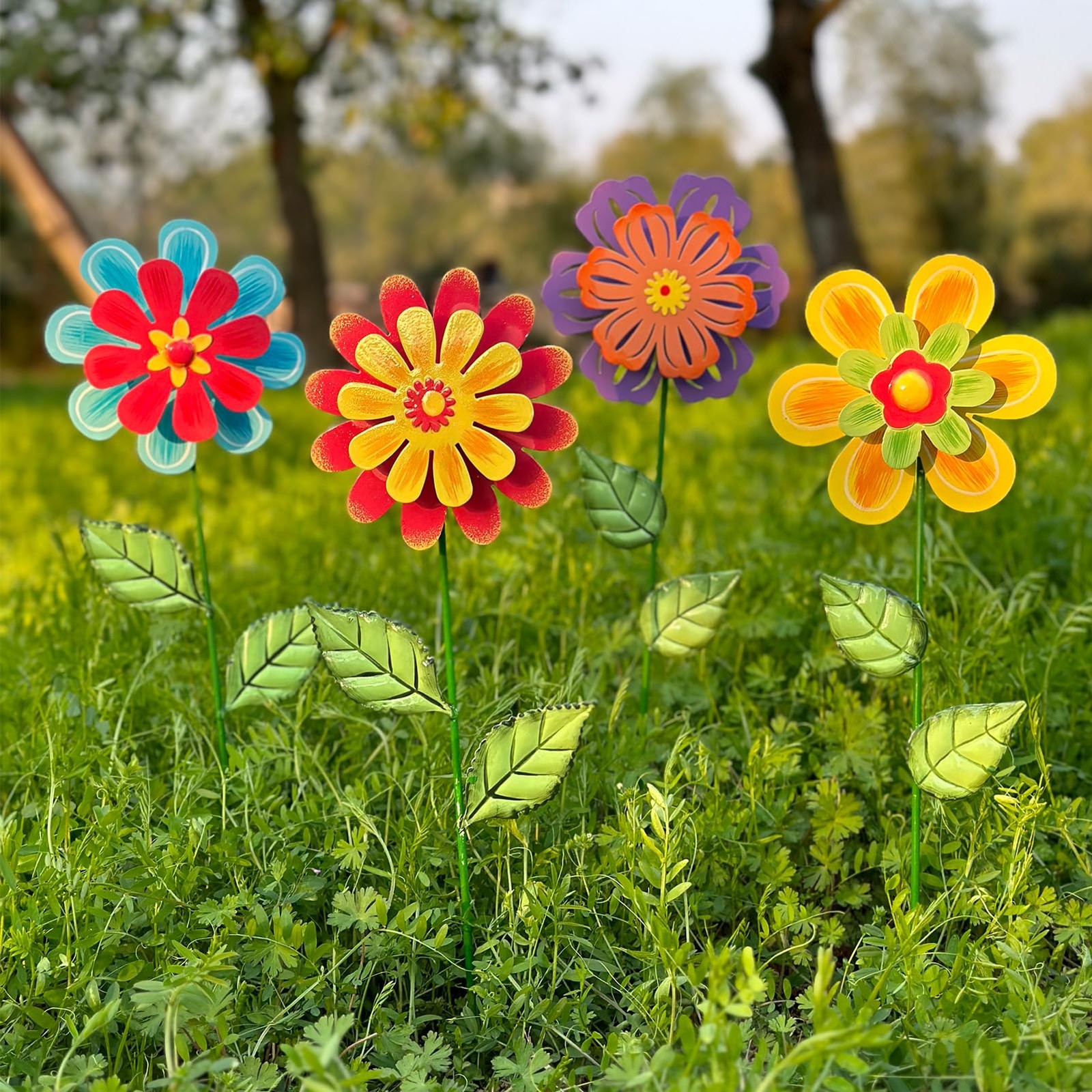 Metal Flowers For Outside Decorative Garden Stakes Swaying Head 4 Pack