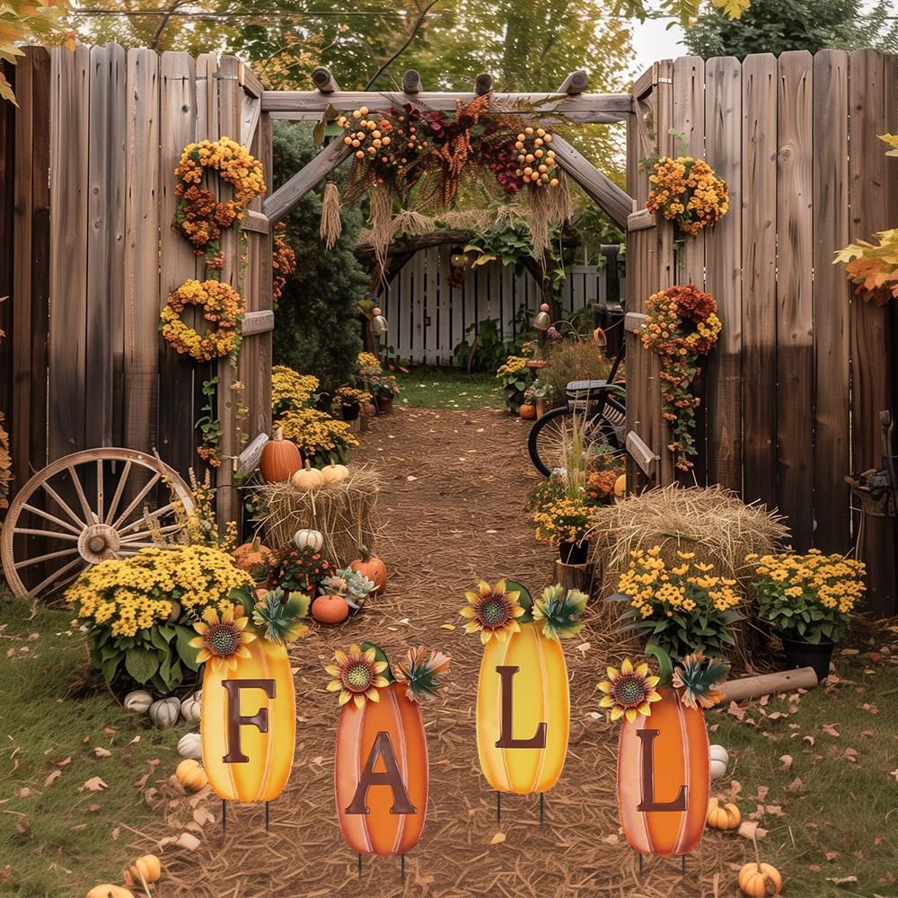 Outdoor Fall Thanksgiving Decorations for Home, 4 PCS Metal Pumpkin Decorativ…