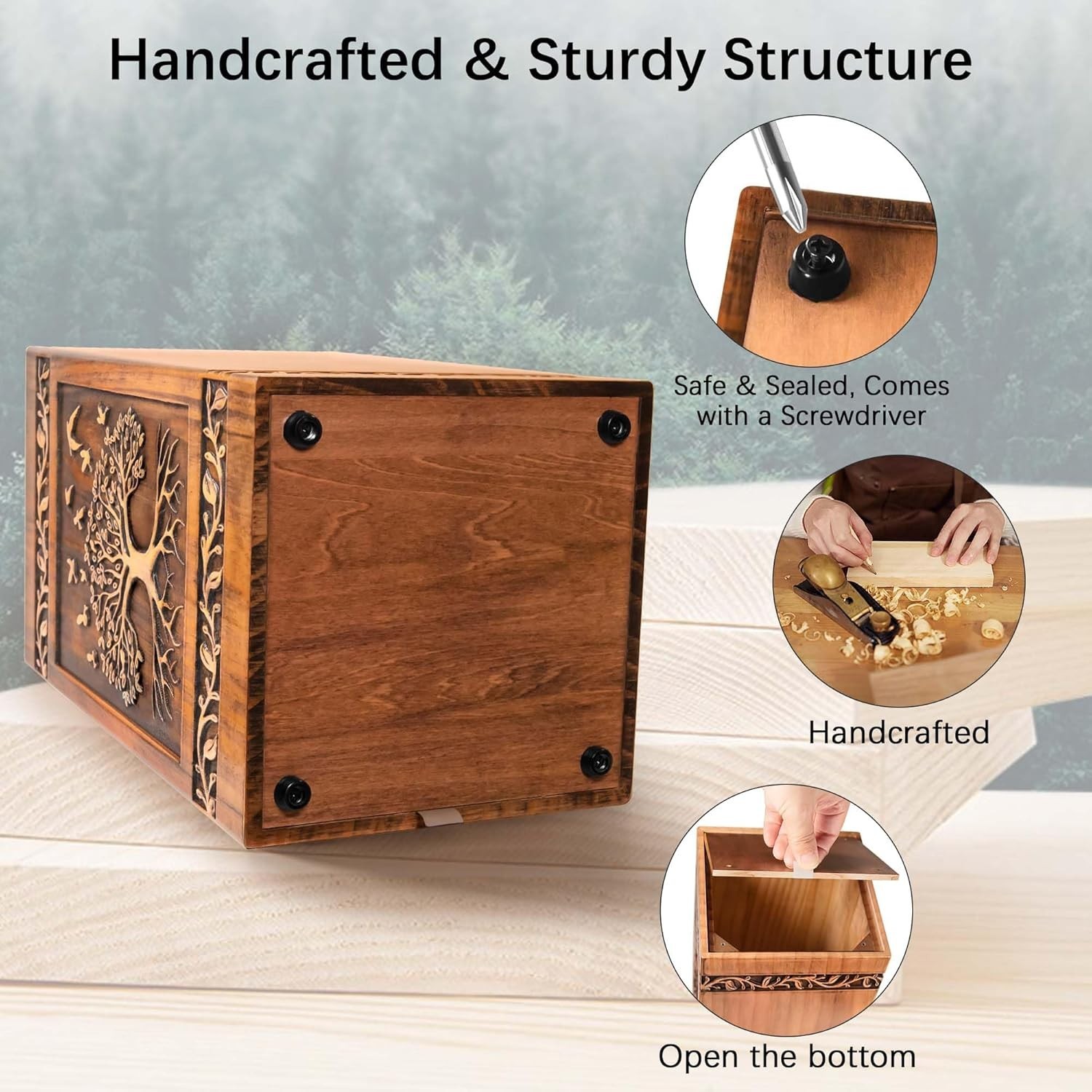 Wooden Cremation Urn Adult 250 Cu In Tree of Life Engraved Memorial Box