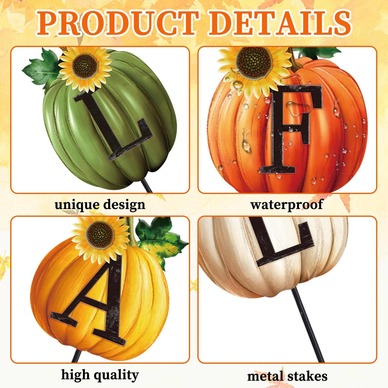 Set of 4 Thanksgiving Pumpkin Metal Garden Stakes Fall Pumpkin Decorative Law…
