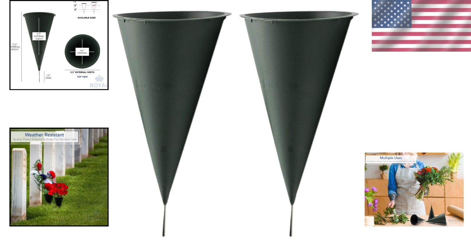 Weather-Resistant Cemetery Flower Holders with Stakes – Set of 2 Green Pots