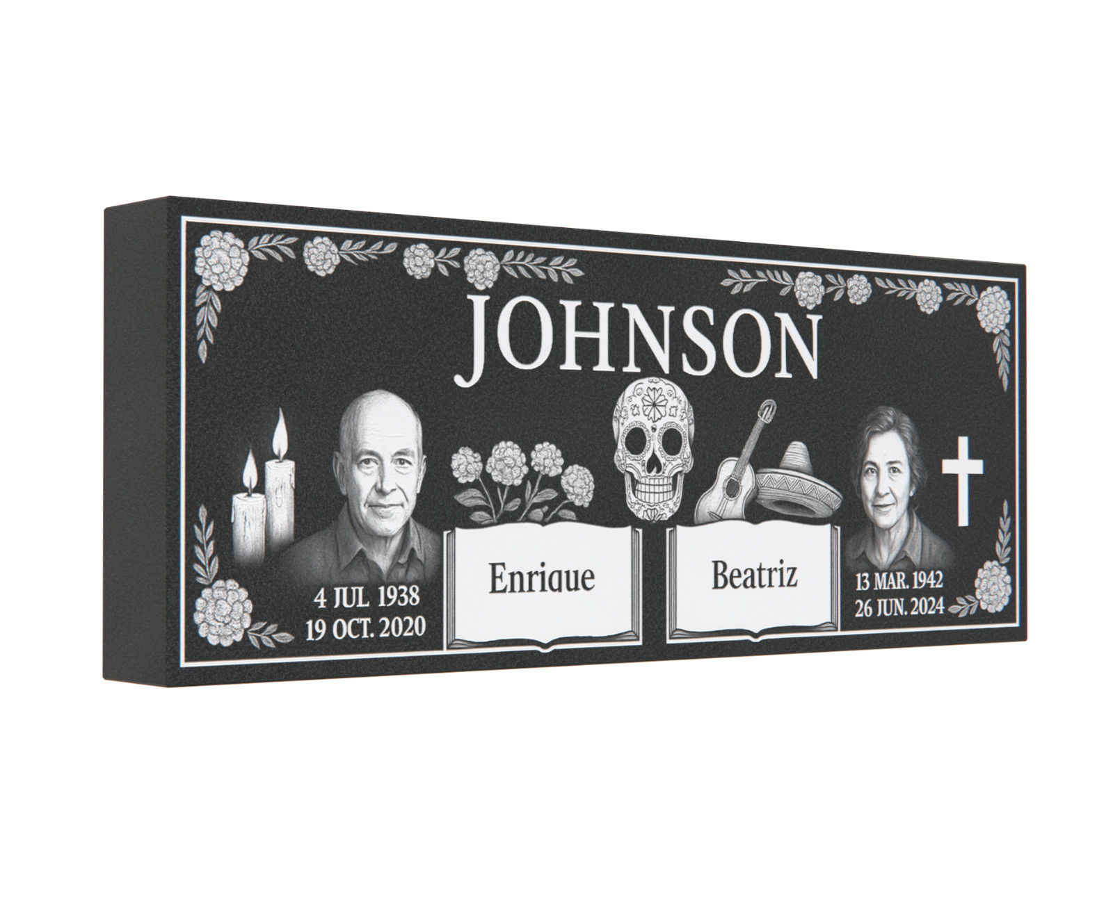 Custom Black Granite Headstone 36x14x4 – Día de los Muertos Companion