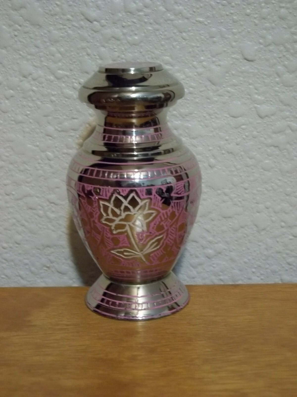 Lovely Plated Nickel w/Pink Solid Brass Keepsake Token Mini Urn w/Velvet Bag