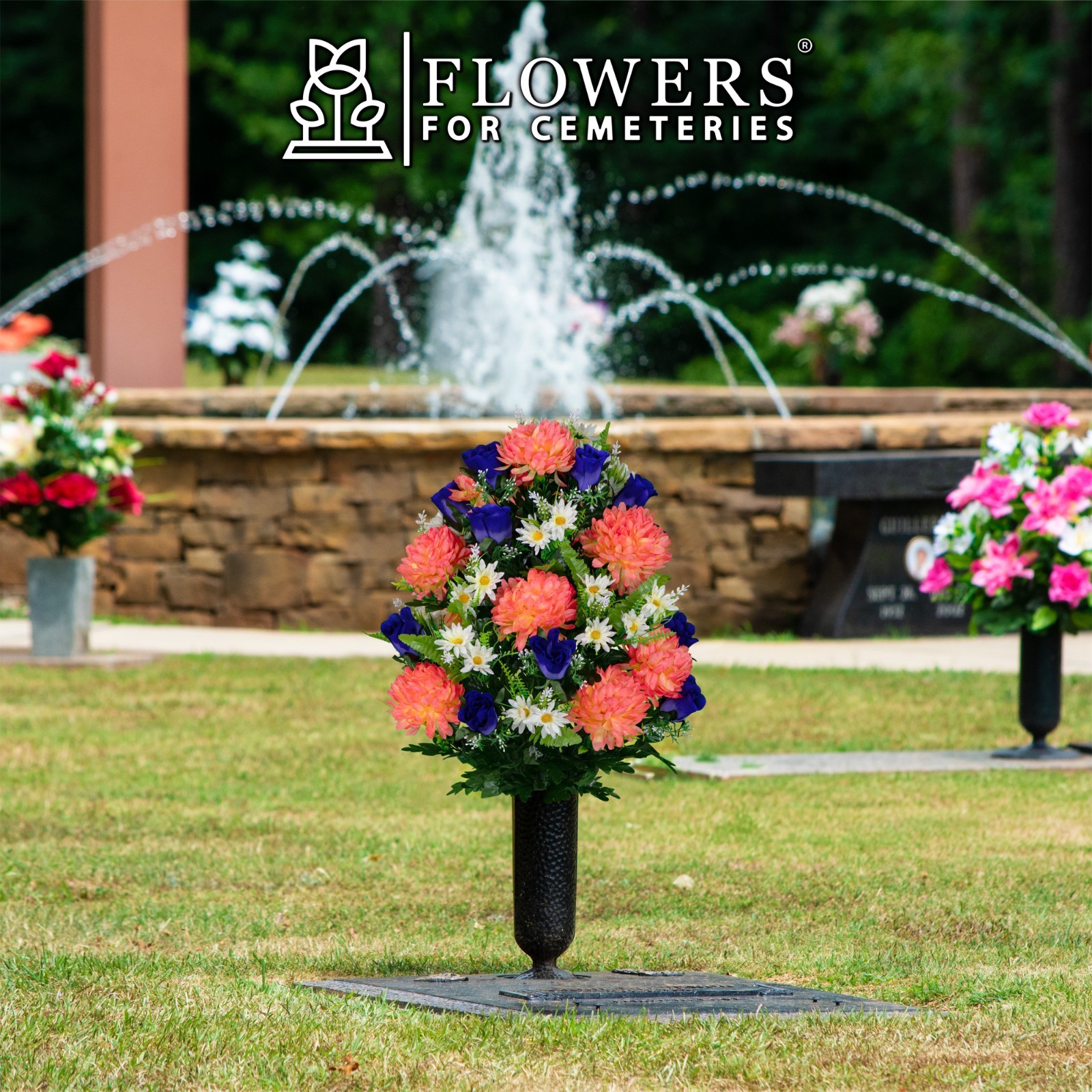 Artificial Cemetery Flowers –Salmon Pink Mum and Purple Rose Bouquet