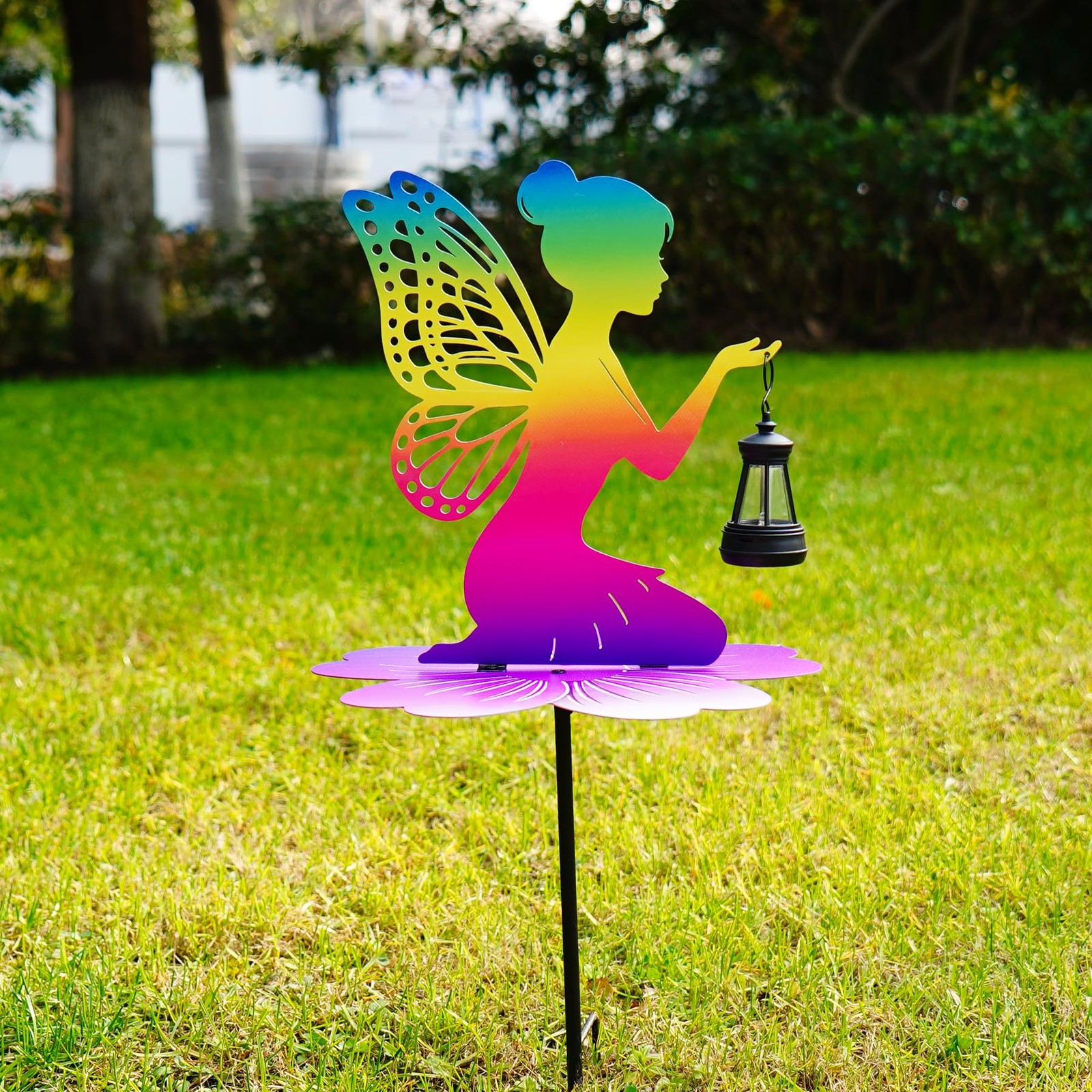 Iridescent Solar Fairy Garden Stake 21″ LED Lantern for Outdoor Decor