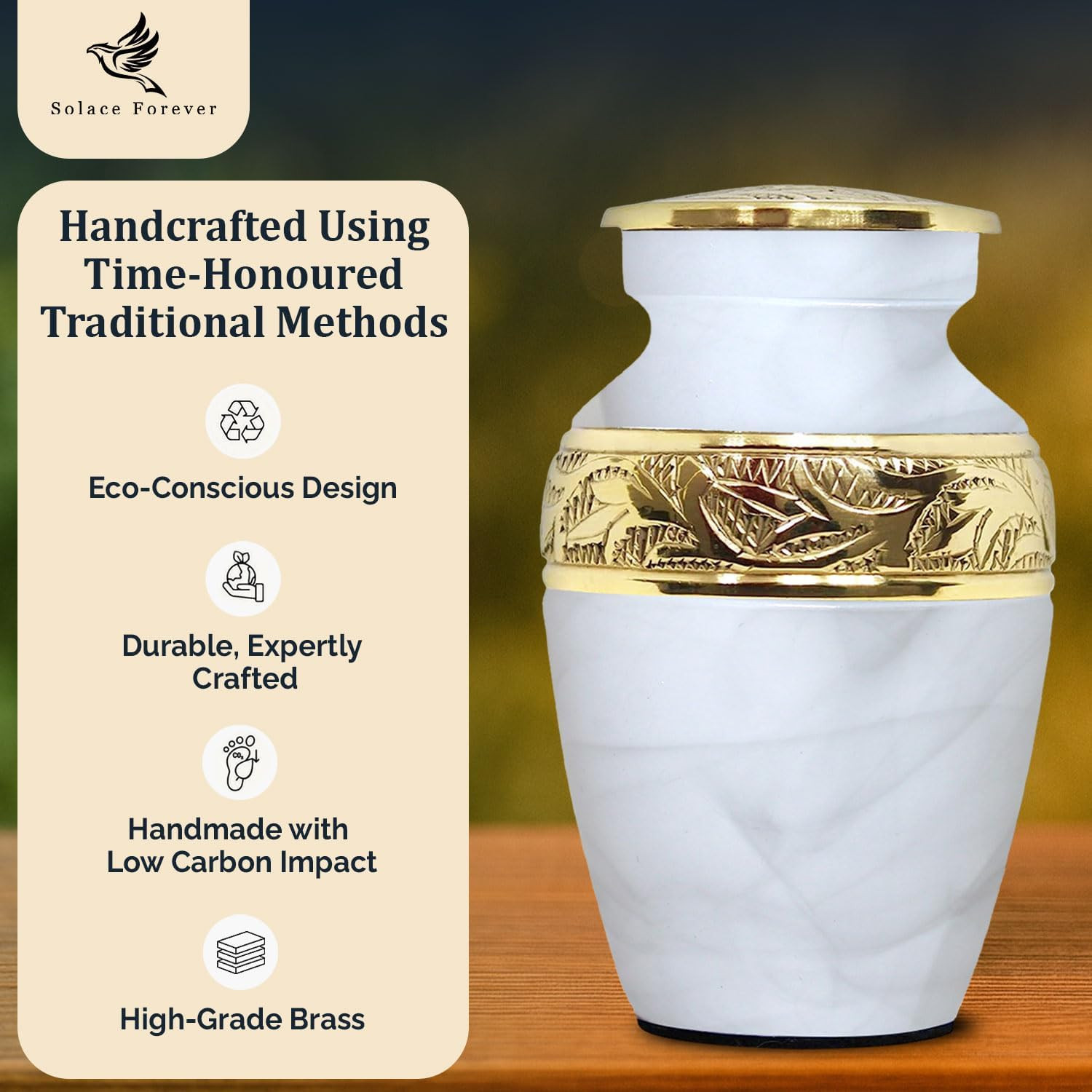 Small Urns for Human Ashes Keepsake – Handcrafted White Memorial Urn with Brass