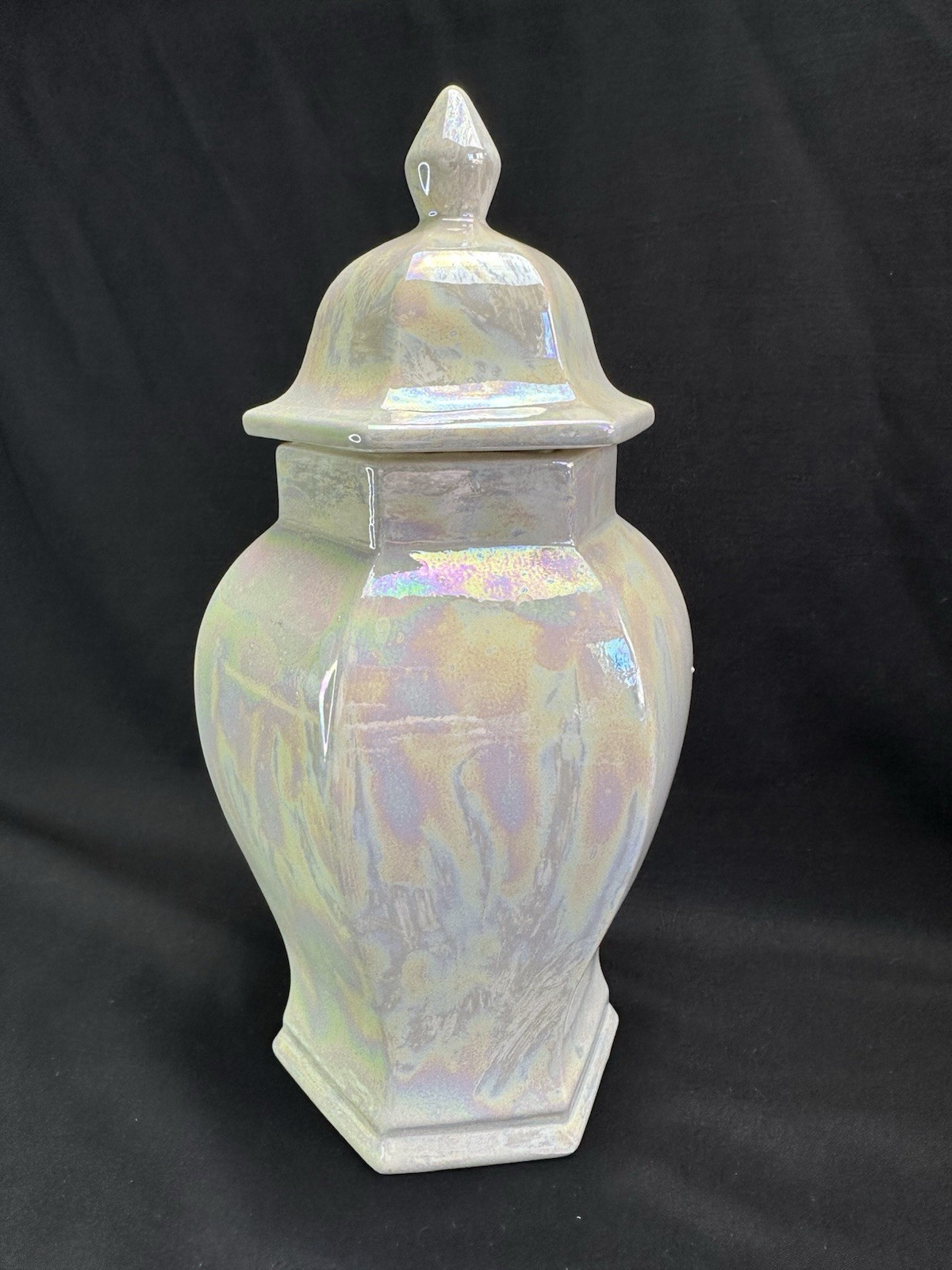Medium Hex Shaped Ceramic Cremation Urn Mother of Pearl Opalescent