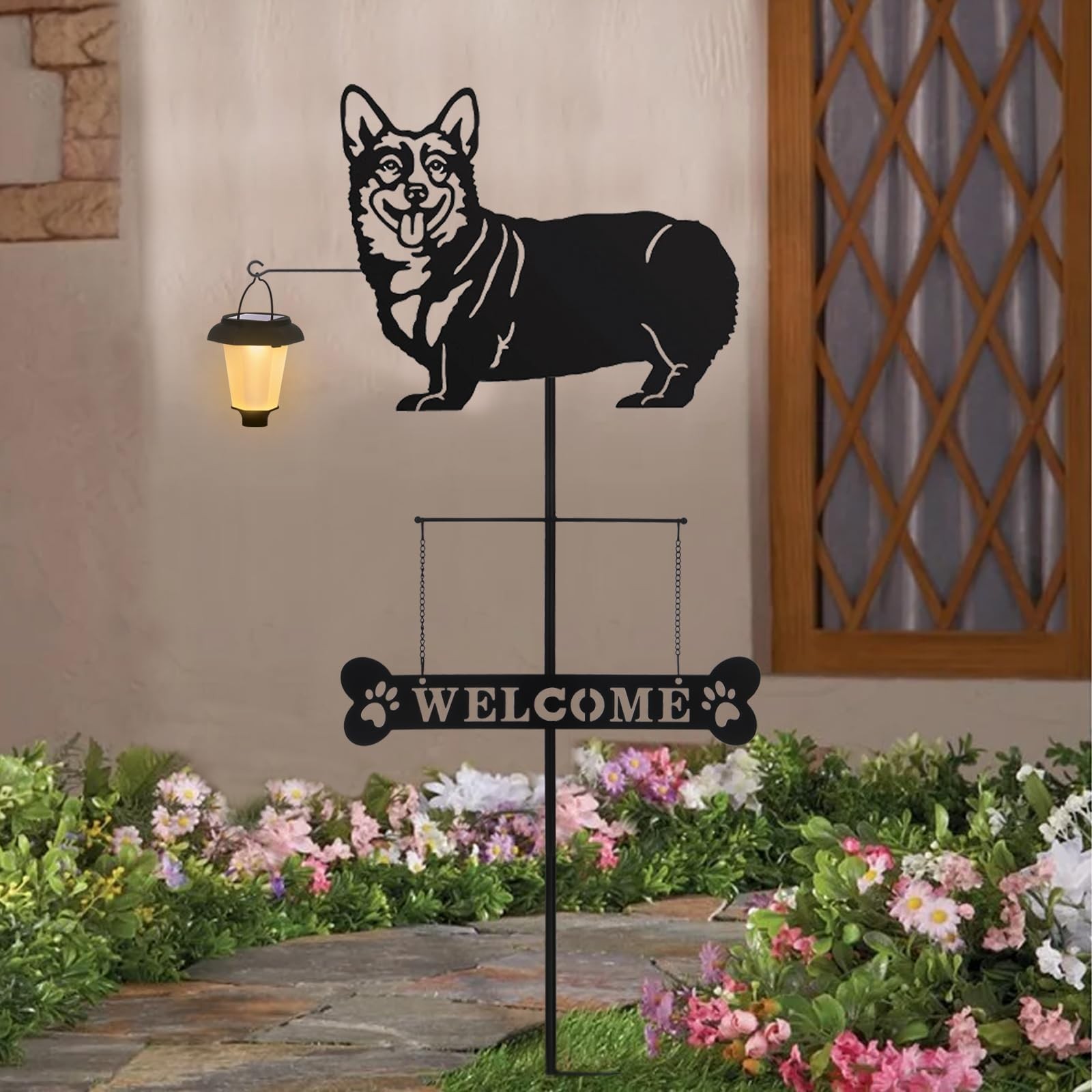 Solar Corgi Silhouette Dog Breed Welcome Sign with a Lantern