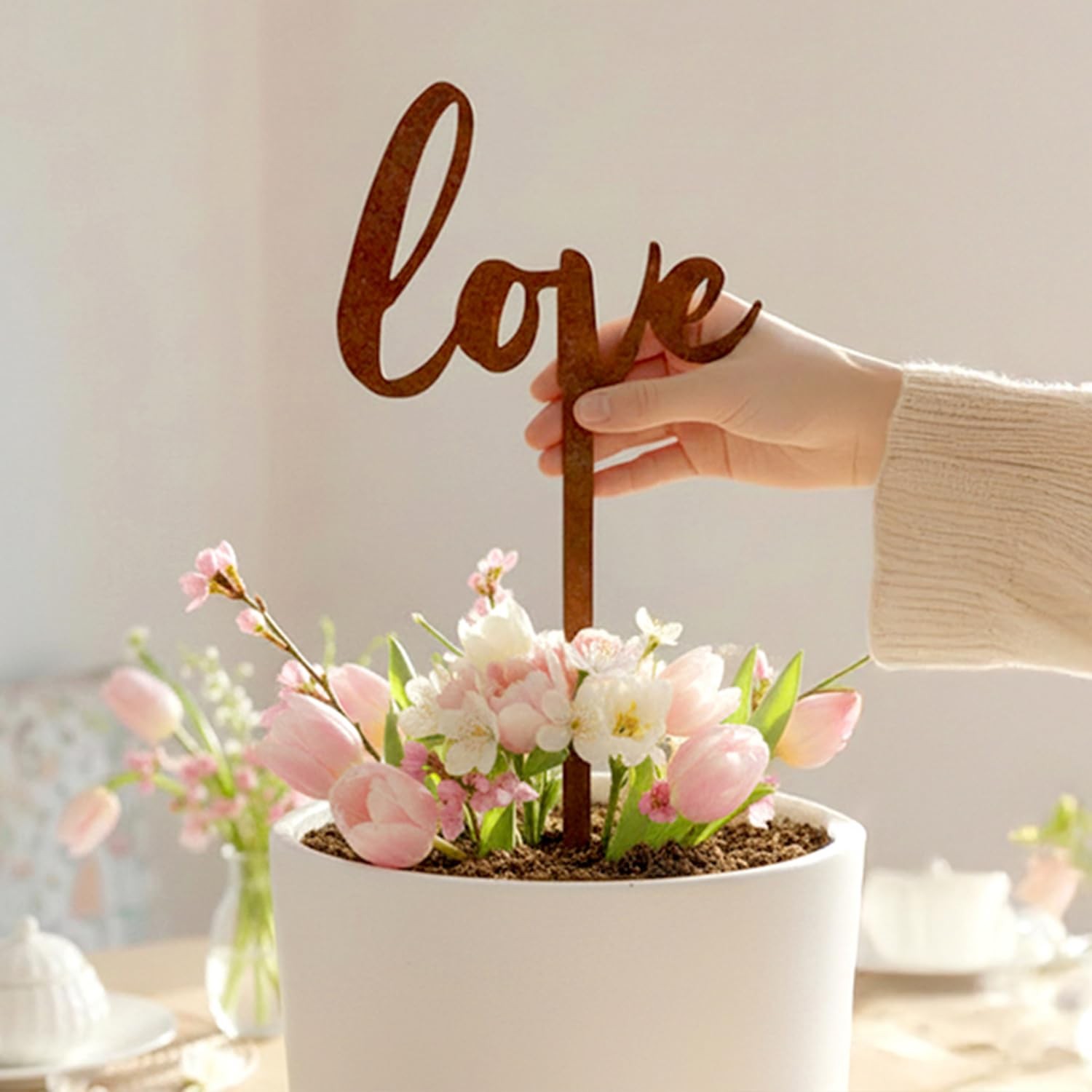 Love Text Metal Garden Stake – -Coated Rustic Plant Pick for Pots & Planters,…