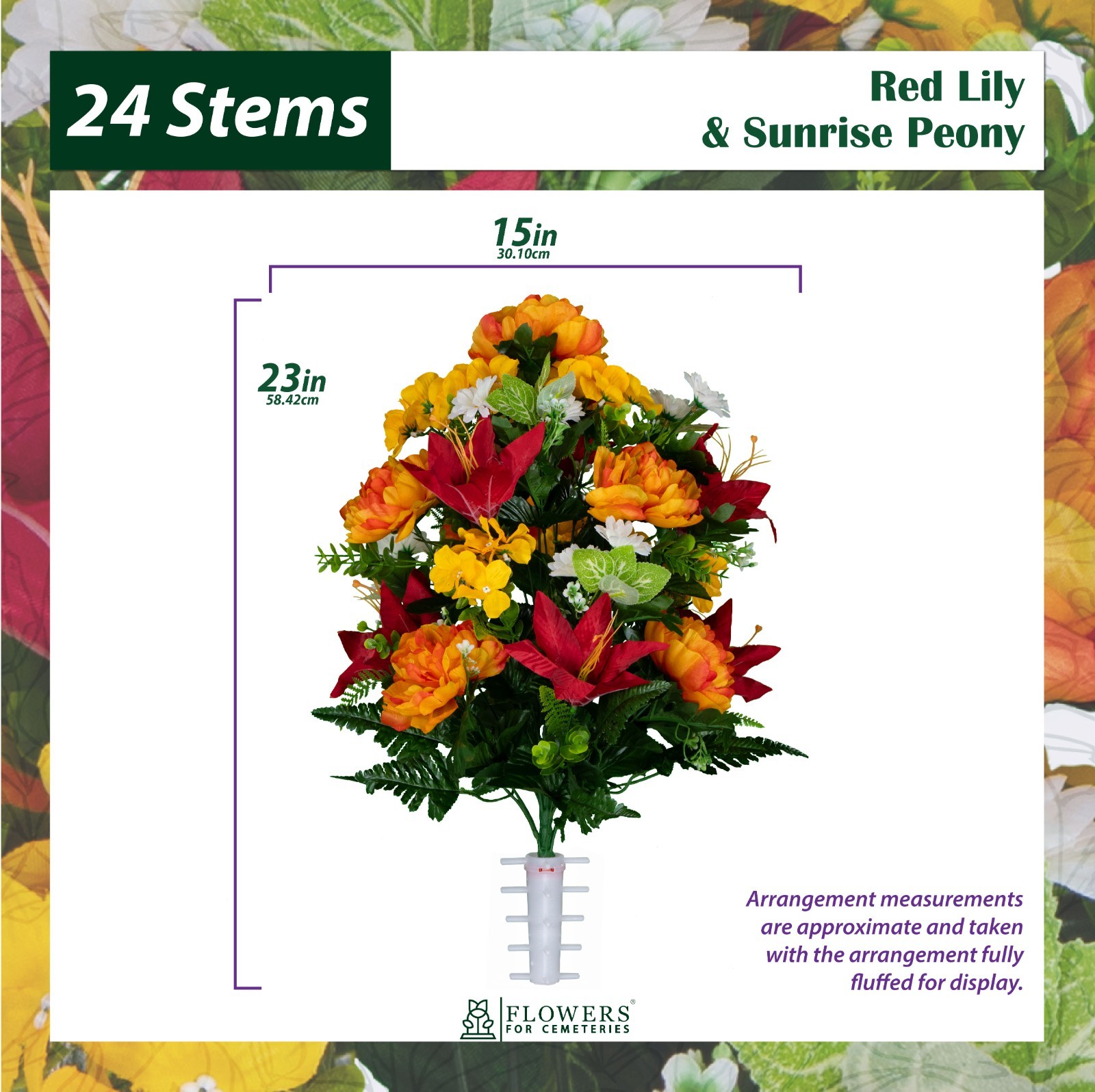 Artificial Gravesite Flowers – Red Lily and Sunrise Peony Saddle and 2 Bouquets