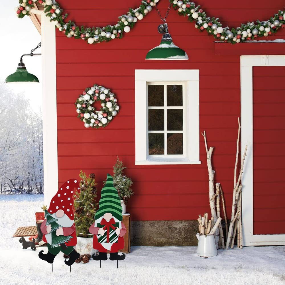 Outdoor Christmas Gnome Decorations – 2 Pack Metal Yard Stakes for Holiday Decor