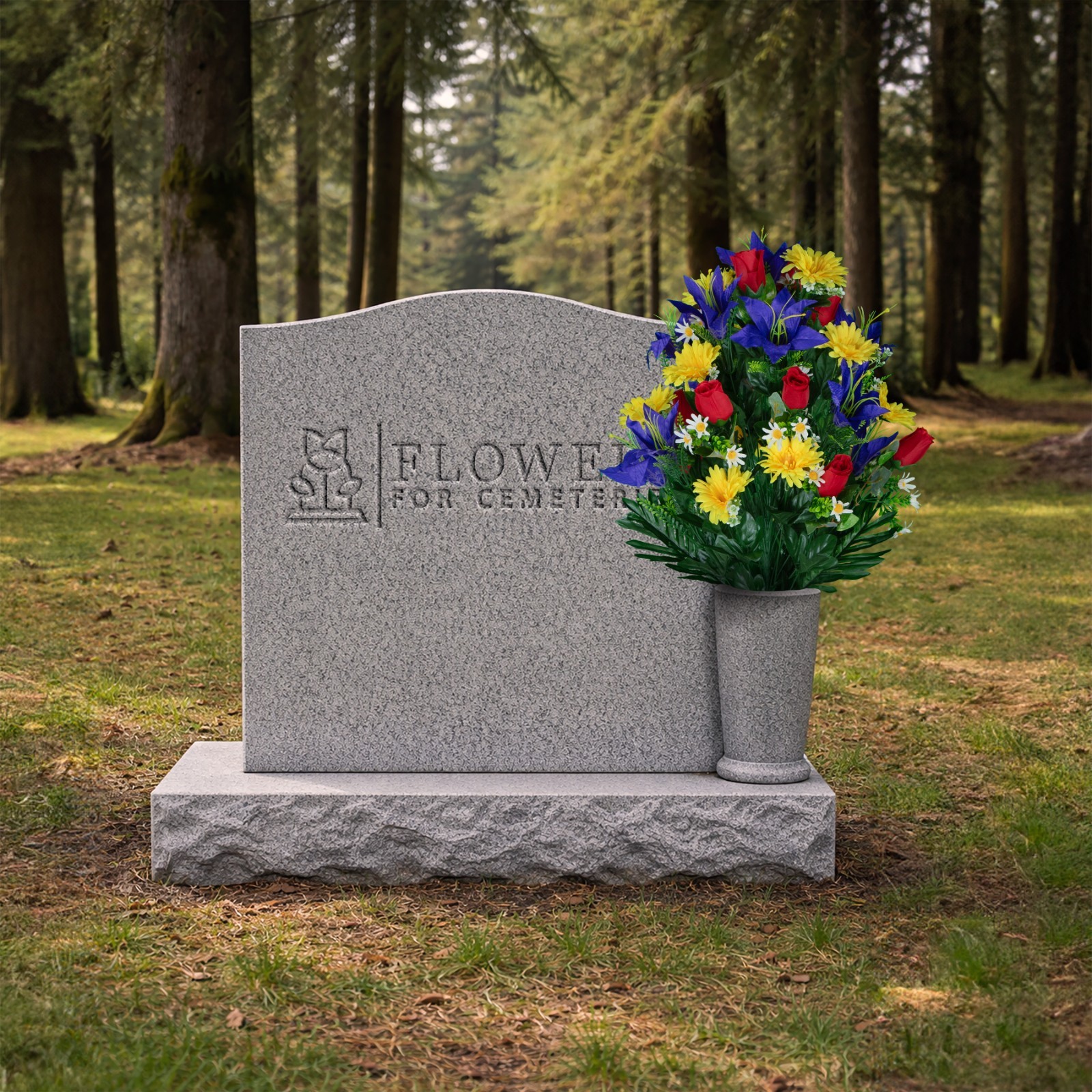 Artificial Cemetery Flowers – Purple Lilies with Yellow Daisies and Red Roses