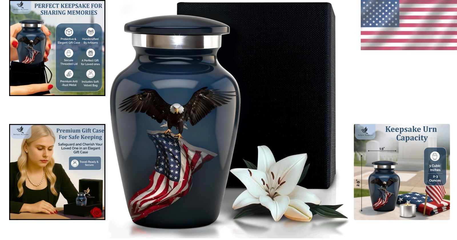 Small Urns for Human Ashes – Patriotic Eagle with Flag Design – Mini Memoria…