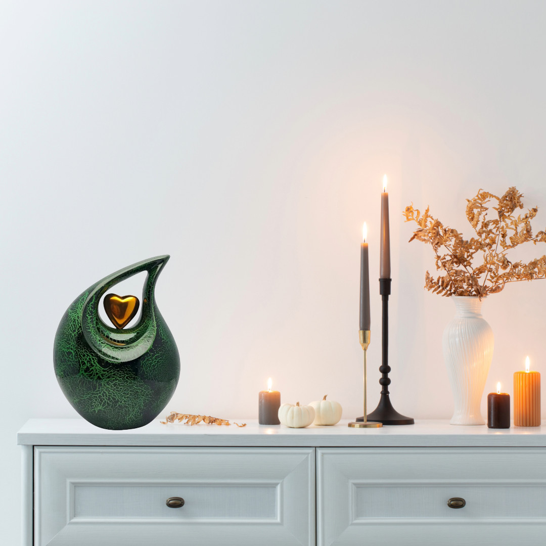 Modern Artistic Teardrop Cremation Urn Heart Accent Adult Size for Ashes w/Bag