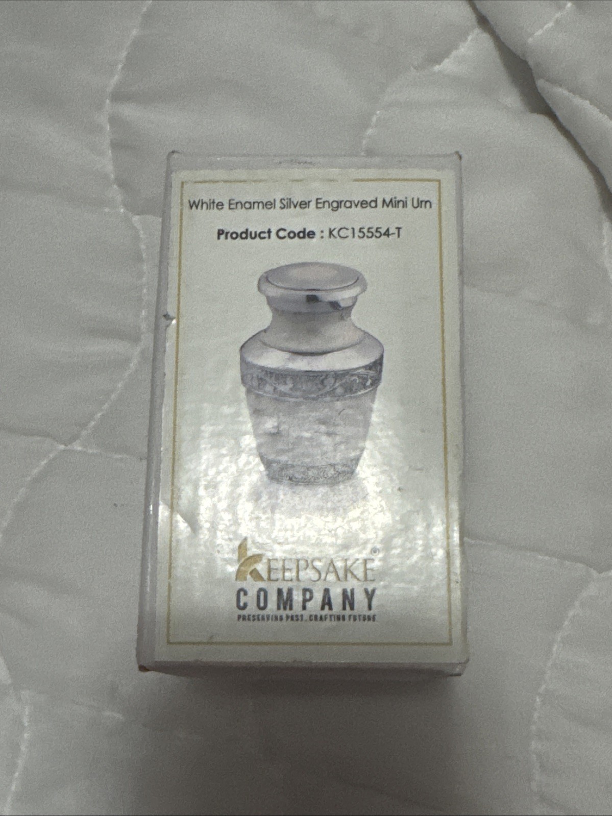 Silver and White Enamel Engraved Mini Keepsake Company Urn 3 inch NEW