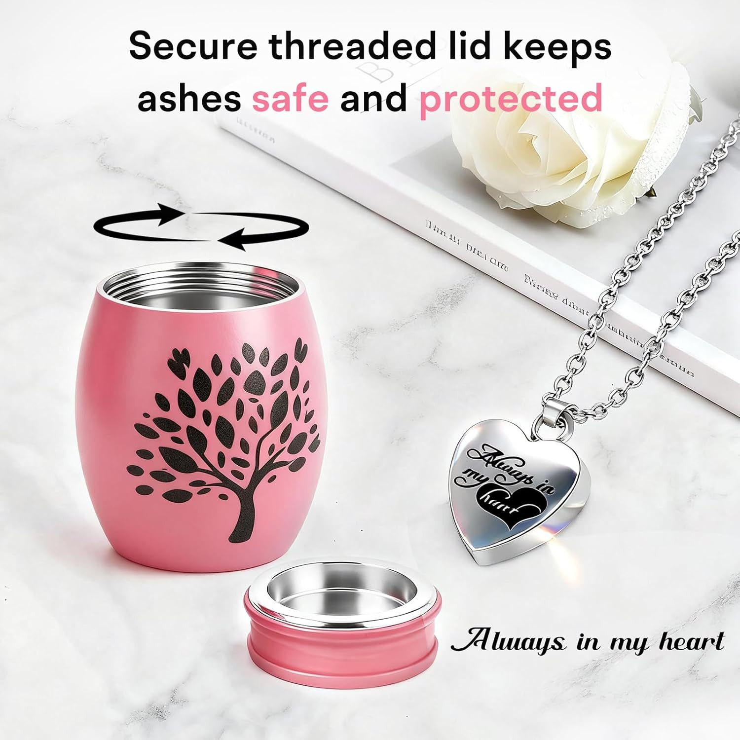 Small Urns for Human Ashes Keepsake – 1.6″ Pink Mini Cremation Urn with Necklace