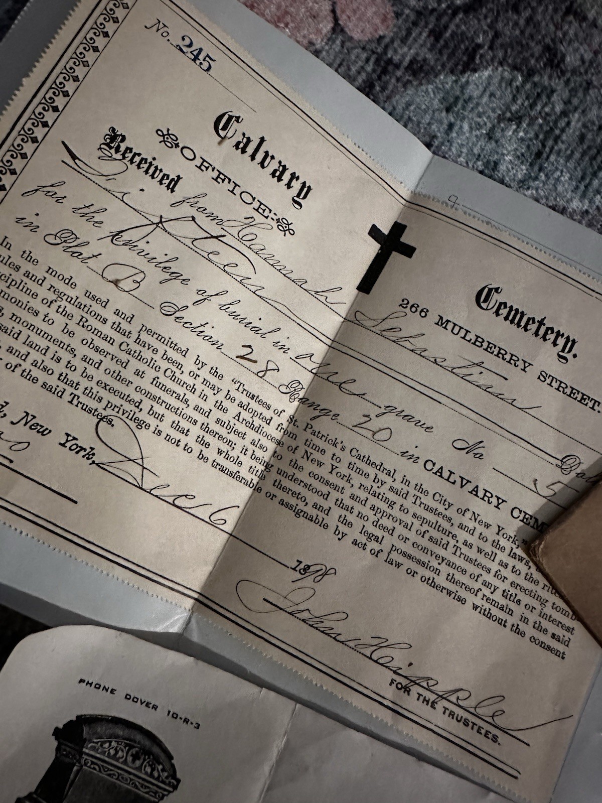 New York Funeral Grave Ticket Calvary Cemetery 1898 & Billheads 1952 Pa Used