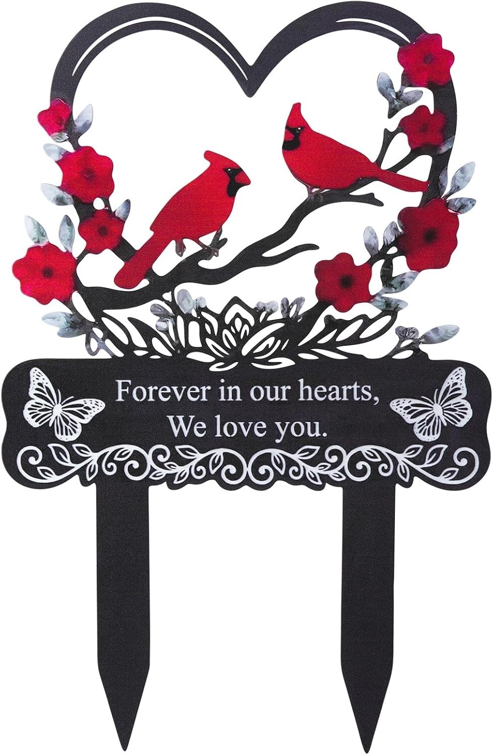 Elegant Metal Grave Marker with Red Cardinals – Forever in Our Hearts Decor