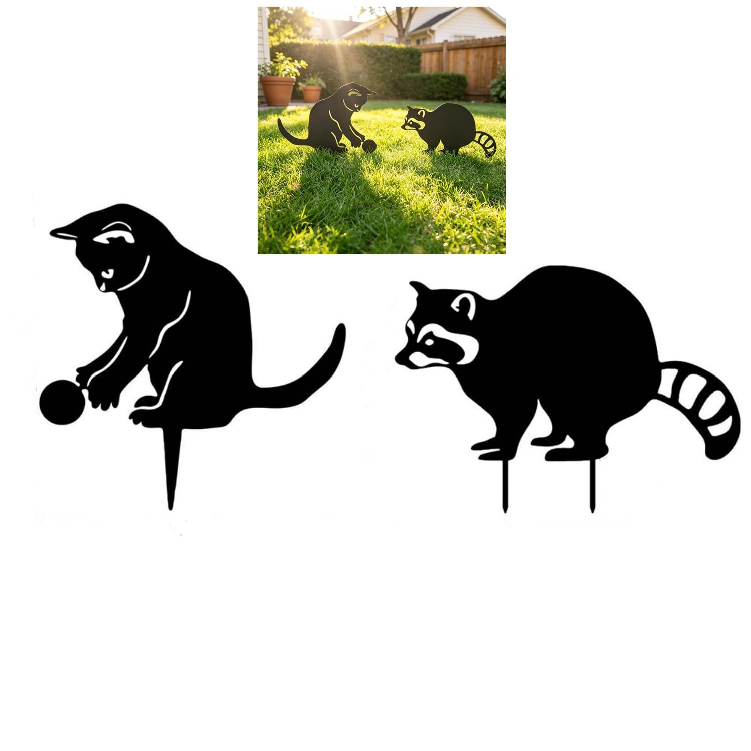 Decorative Metal Animal Garden Stakes Cat & Raccoon Yard Art Set of 2