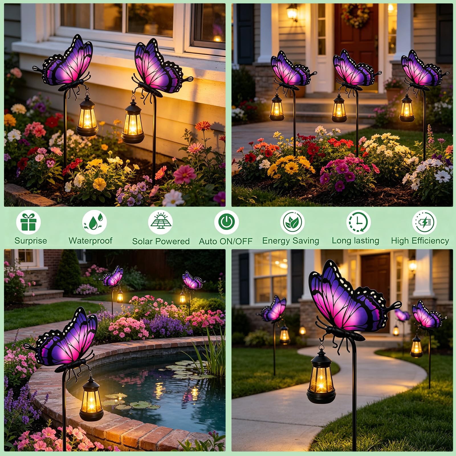 2pk Purple Solar Butterfly Garden Stakes, Outdoor Waterproof Metal Decor Gift