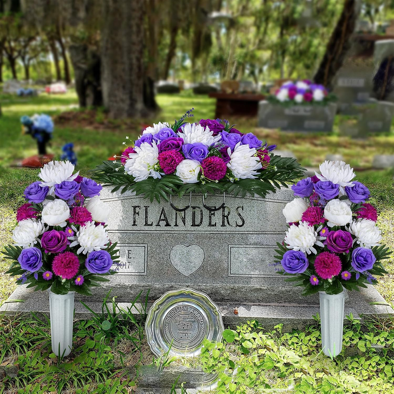 Elegant Artificial Flower Saddle for Graves – Purple & White Peony Rose Decor