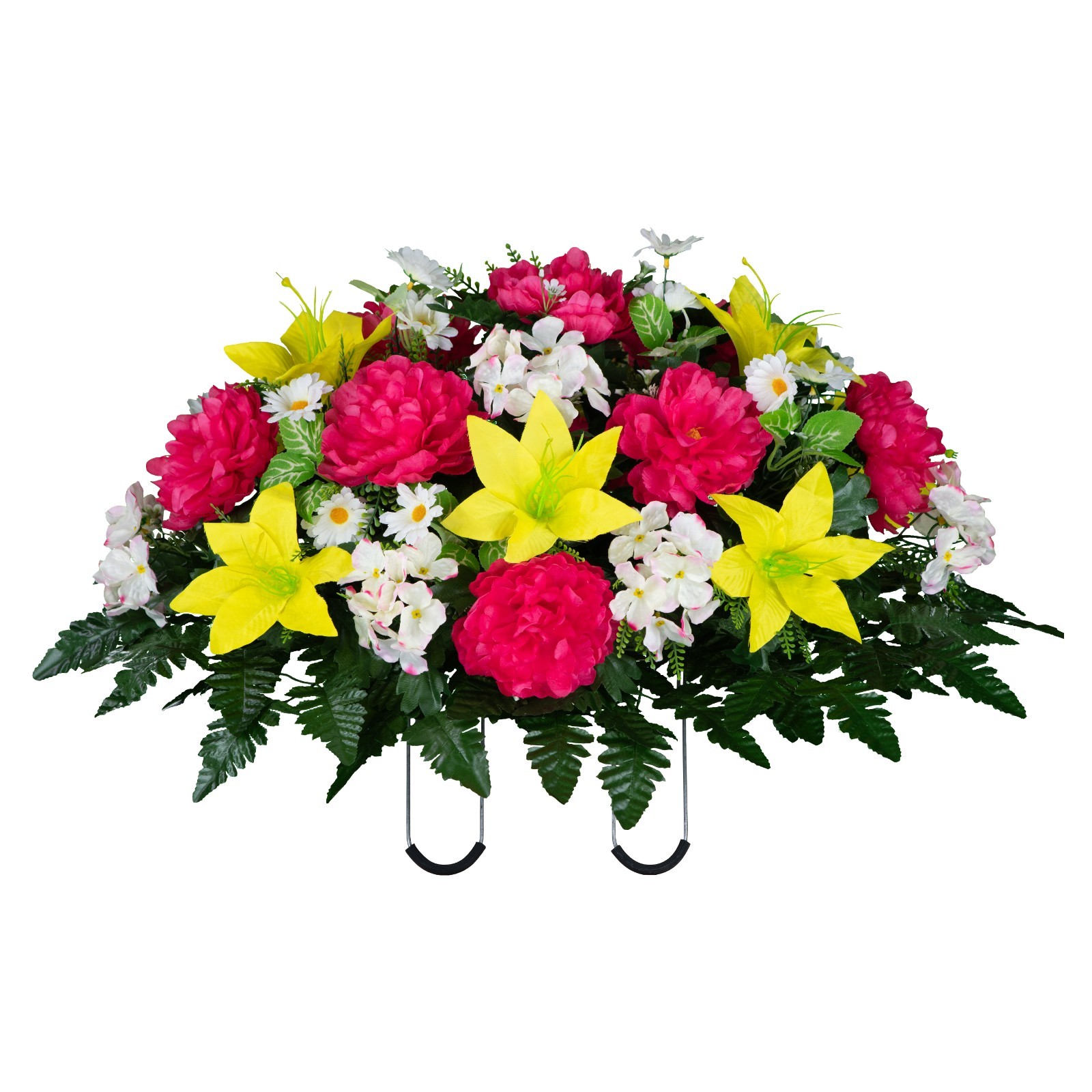 Artificial Headstone Saddle-Beauty Pink Peonies, Yellow Lilies, & White Daisies