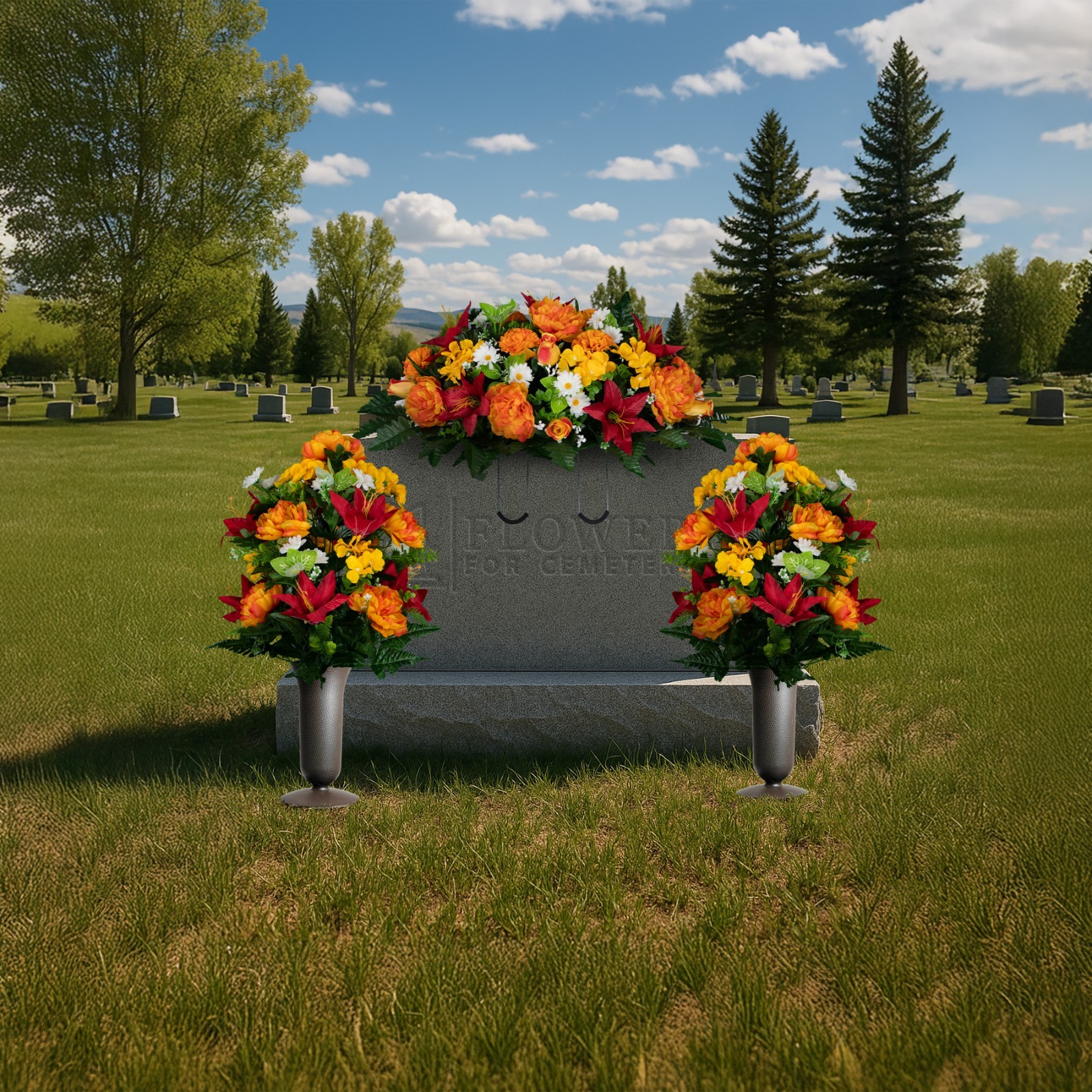 Artificial Gravesite Flowers – Red Lily and Sunrise Peony Saddle and 2 Bouquets