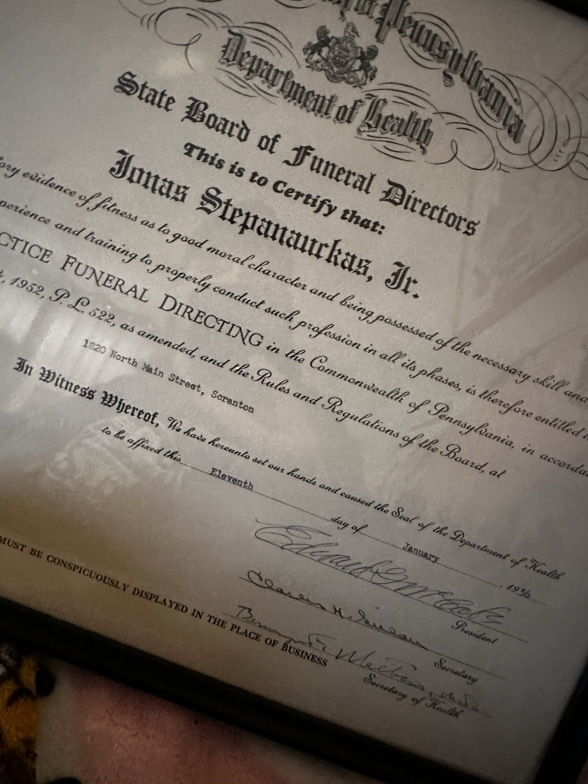 Funeral Directors Dept Of Heath Certificate Pennsylvania 1952