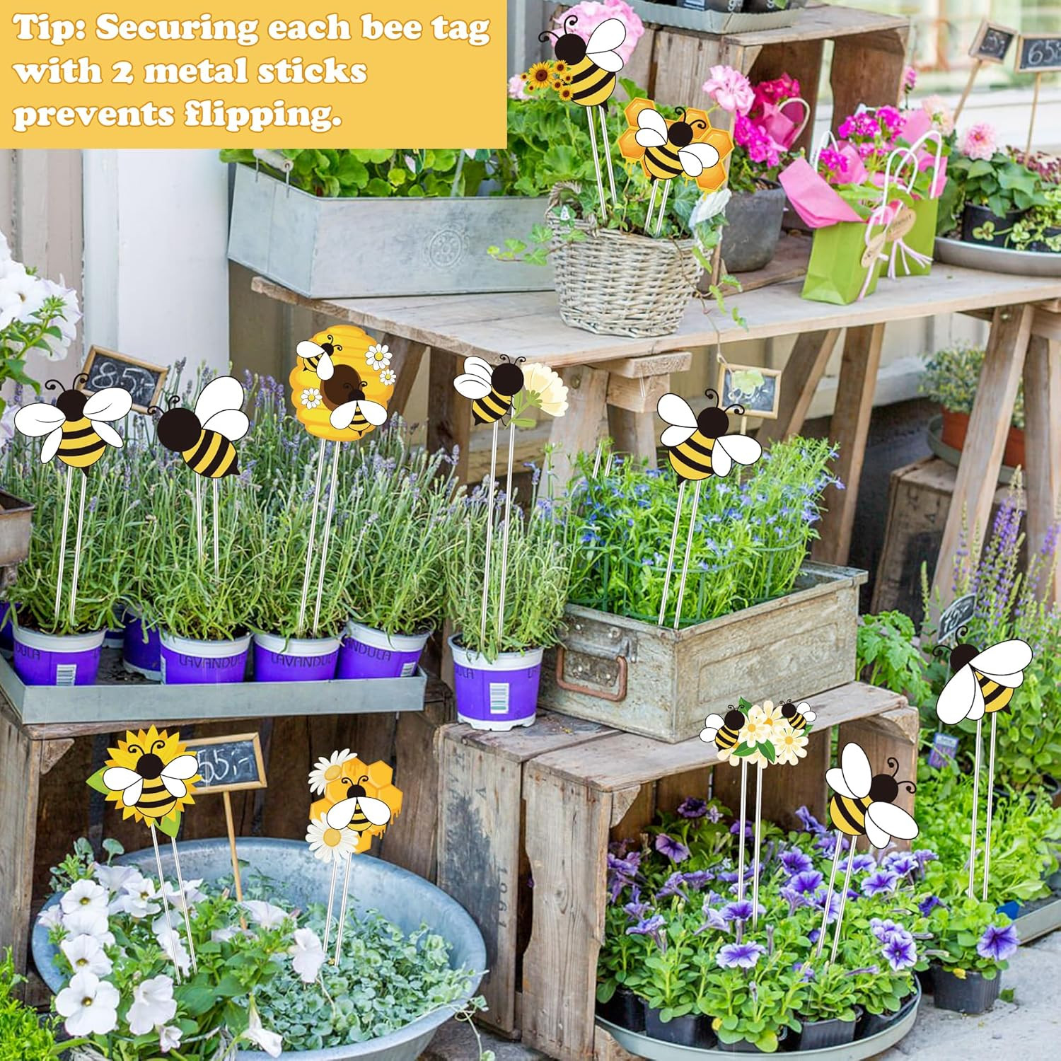 Eyxsaxenk Bee Garden Stake Decor – 12 Pcs Yellow Working Bee Art Stick Floral Pi