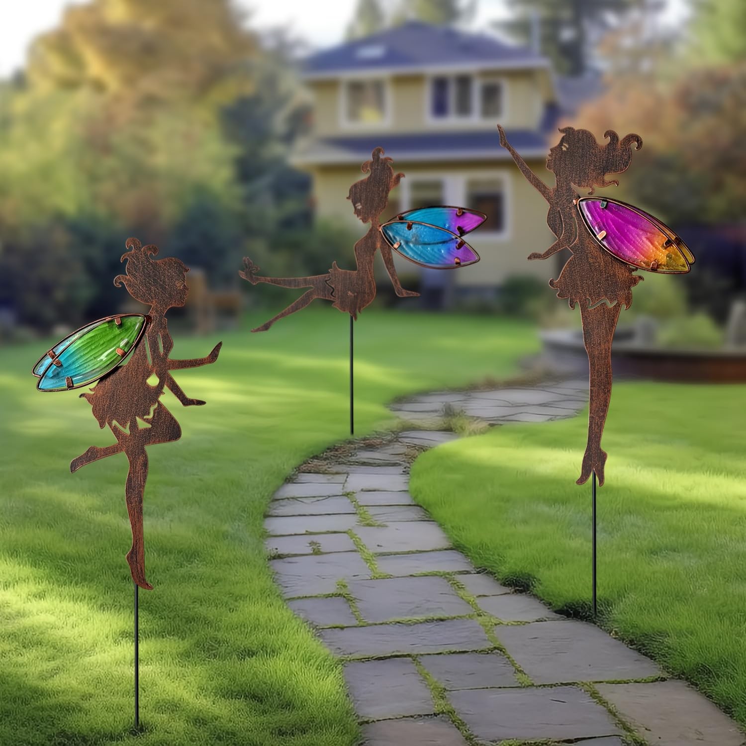 Charming Colorful Wing Fairy Metal Stakes, Outdoor Garden Patio Lawn Yard Decor