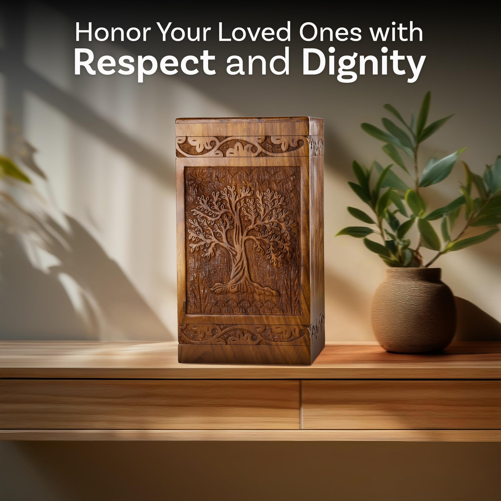 Cremation Urns for Ashes – Wooden Tree of Life Urn Box for Adults & Pets