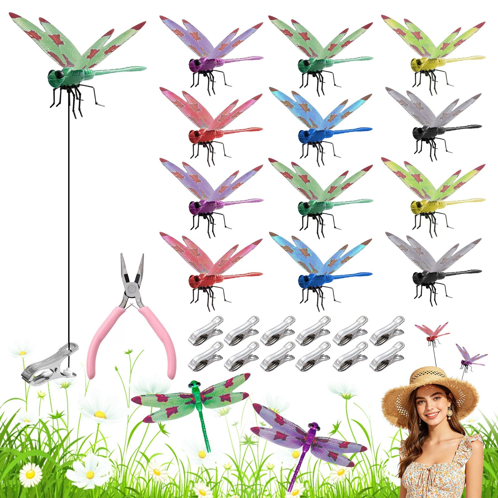 DIY Dragonfly Clip on Hat, 12Pcs 6 Colors 3D Dragon Fly Garden Stakes Decor, …