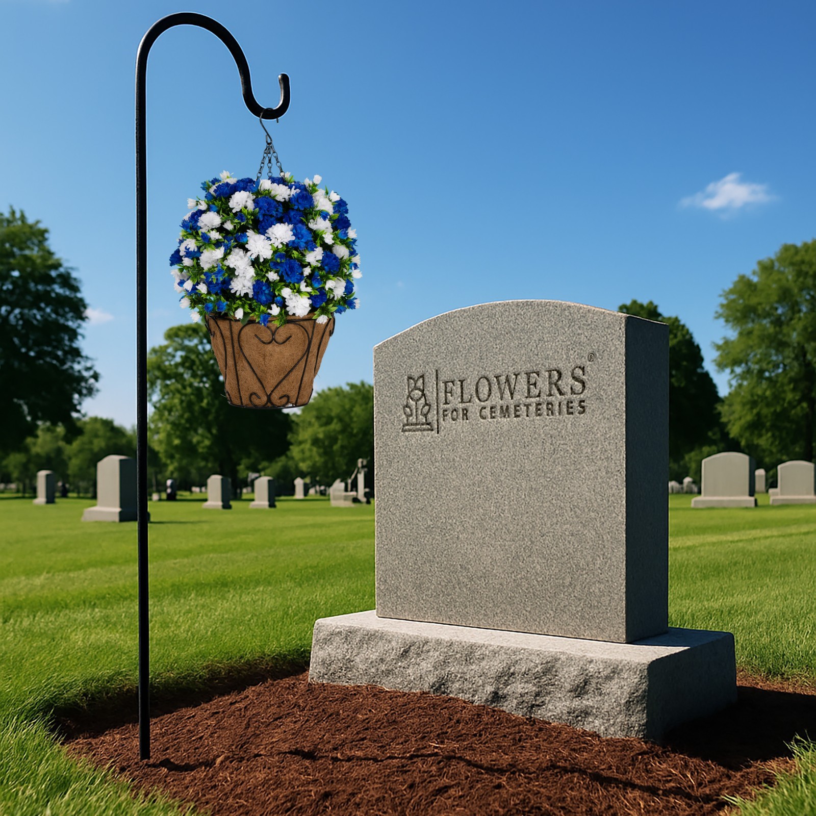 Artificial Gravesite Flowers – Blue and White Garden Mums Hanging Basket