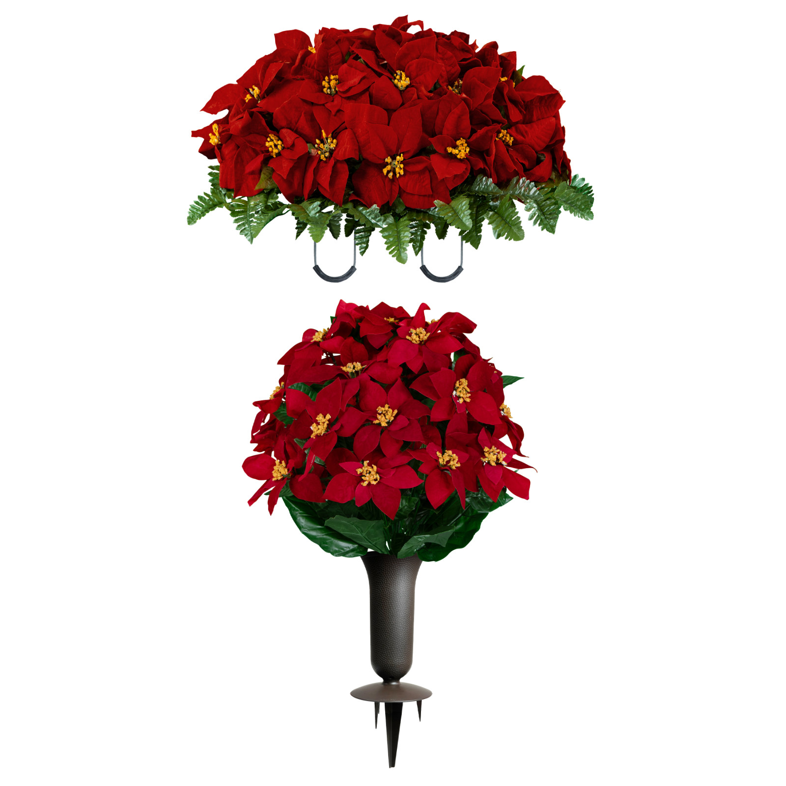 Artificial Cemetery Flowers – Red Poinsettia Saddle, Bouquets and Vases