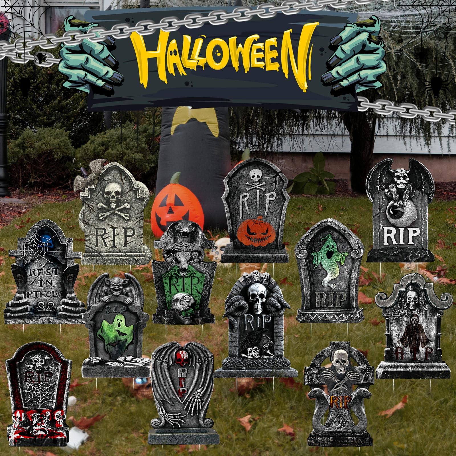 12 Pack 15″ Halloween Graveyard Tombstone Yard Sign Halloween Decorations Out…